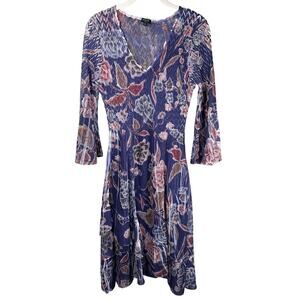 Komarov Purple Floral V Neck Bell Sleeve Crinkle Knee Length Dress Womens Small